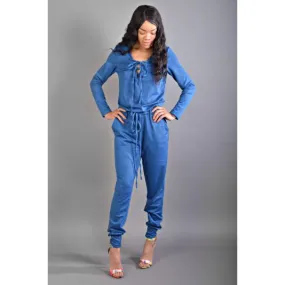 Blue/Green Tie Front Drawstring Jumpsuit