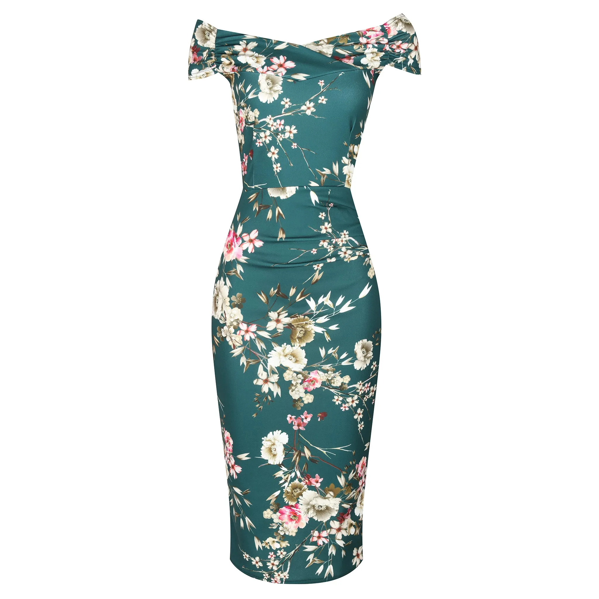 Dark Green Floral Print Wiggle Pencil Dress with Bardot Neckline & Cap Sleeves