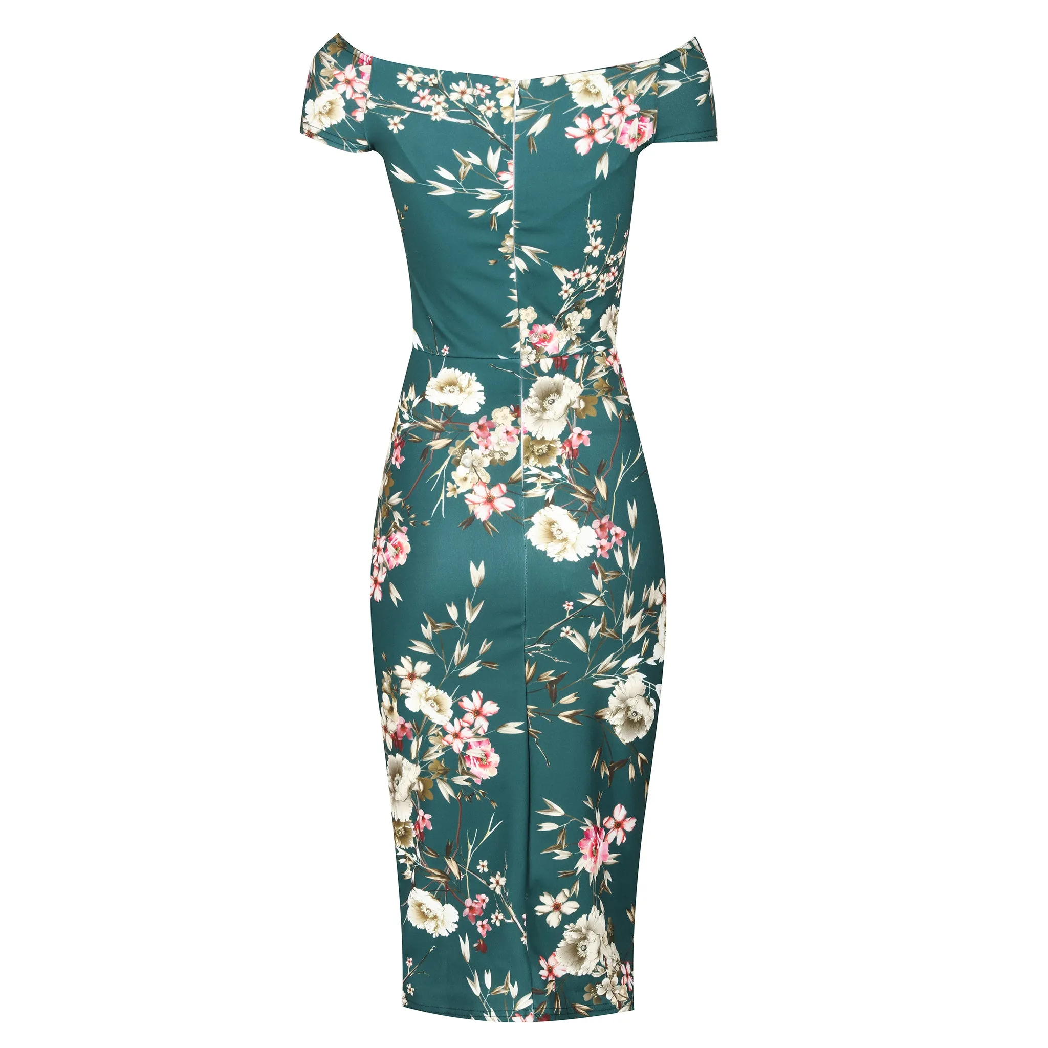 Dark Green Floral Print Wiggle Pencil Dress with Bardot Neckline & Cap Sleeves