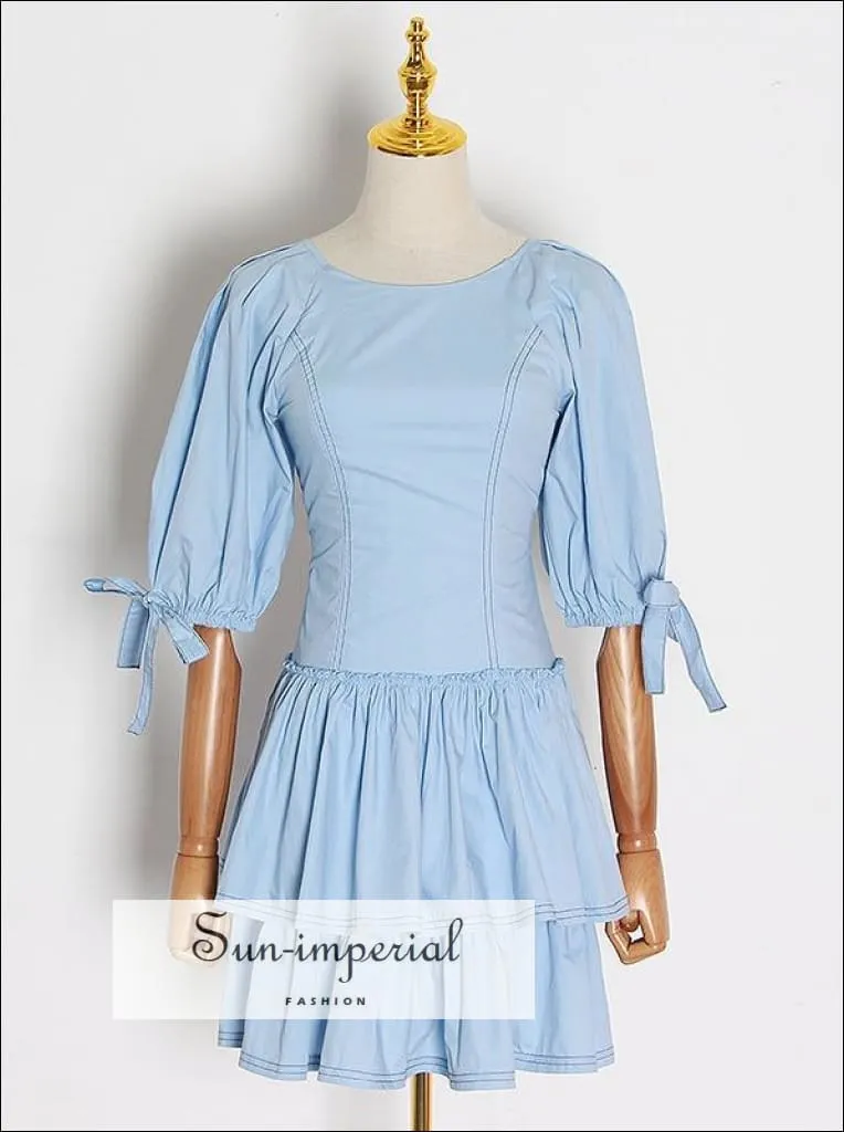 Light Blue Mini Dress with Puff Sleeve High Neck Pink Lace Tie back Backless Mini Dress