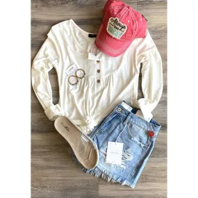 Long Sleeve Button Up Top With Front Shirring Detail