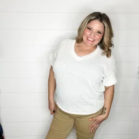 "Honeycomb" Cuffed Short Sleeve Waffle Texture Top (Ivory)