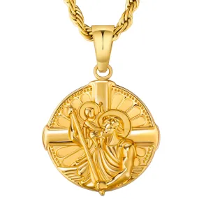 St Christopher Cross Gold Coin Pendant Necklace with Rope Chain for Men