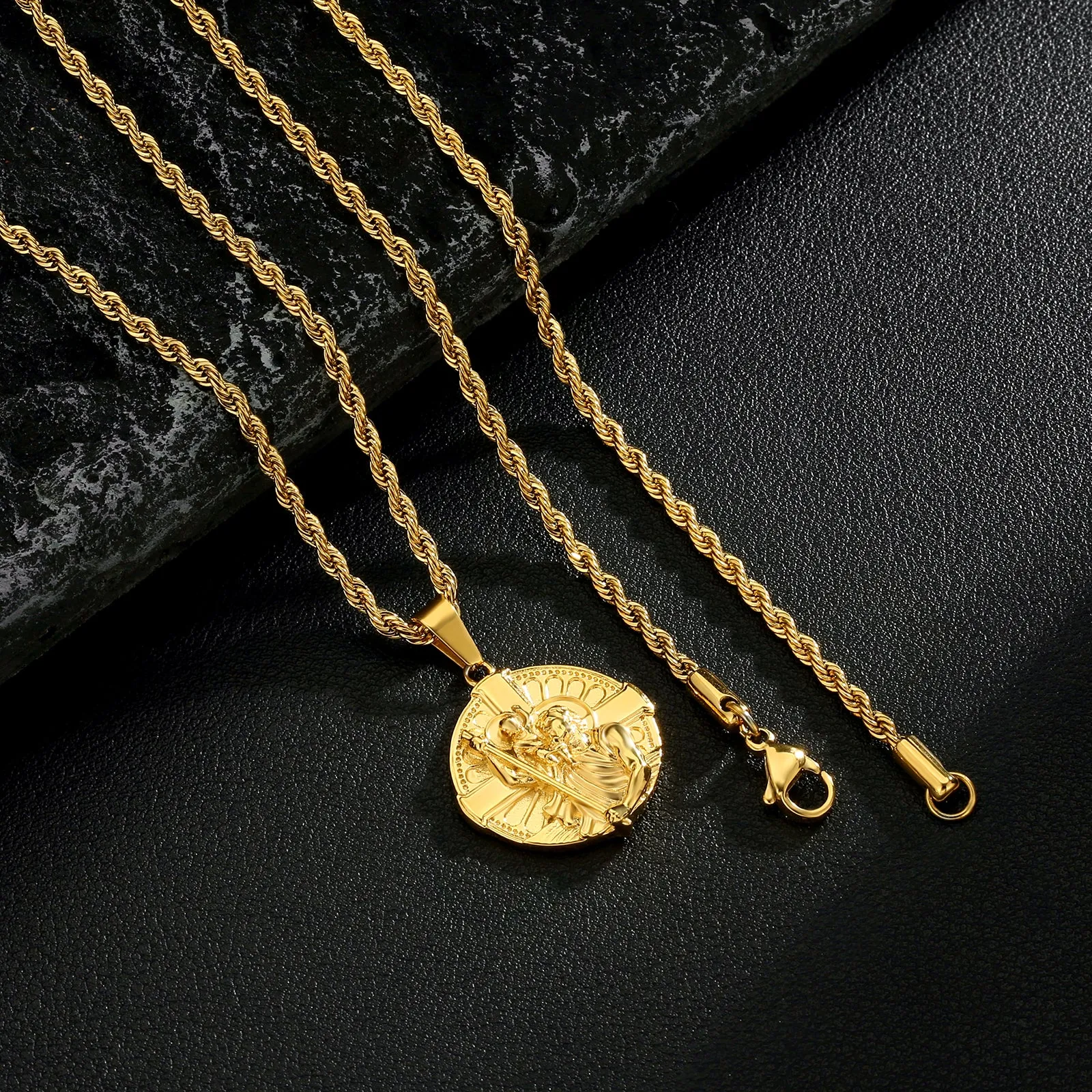 St Christopher Cross Gold Coin Pendant Necklace with Rope Chain for Men