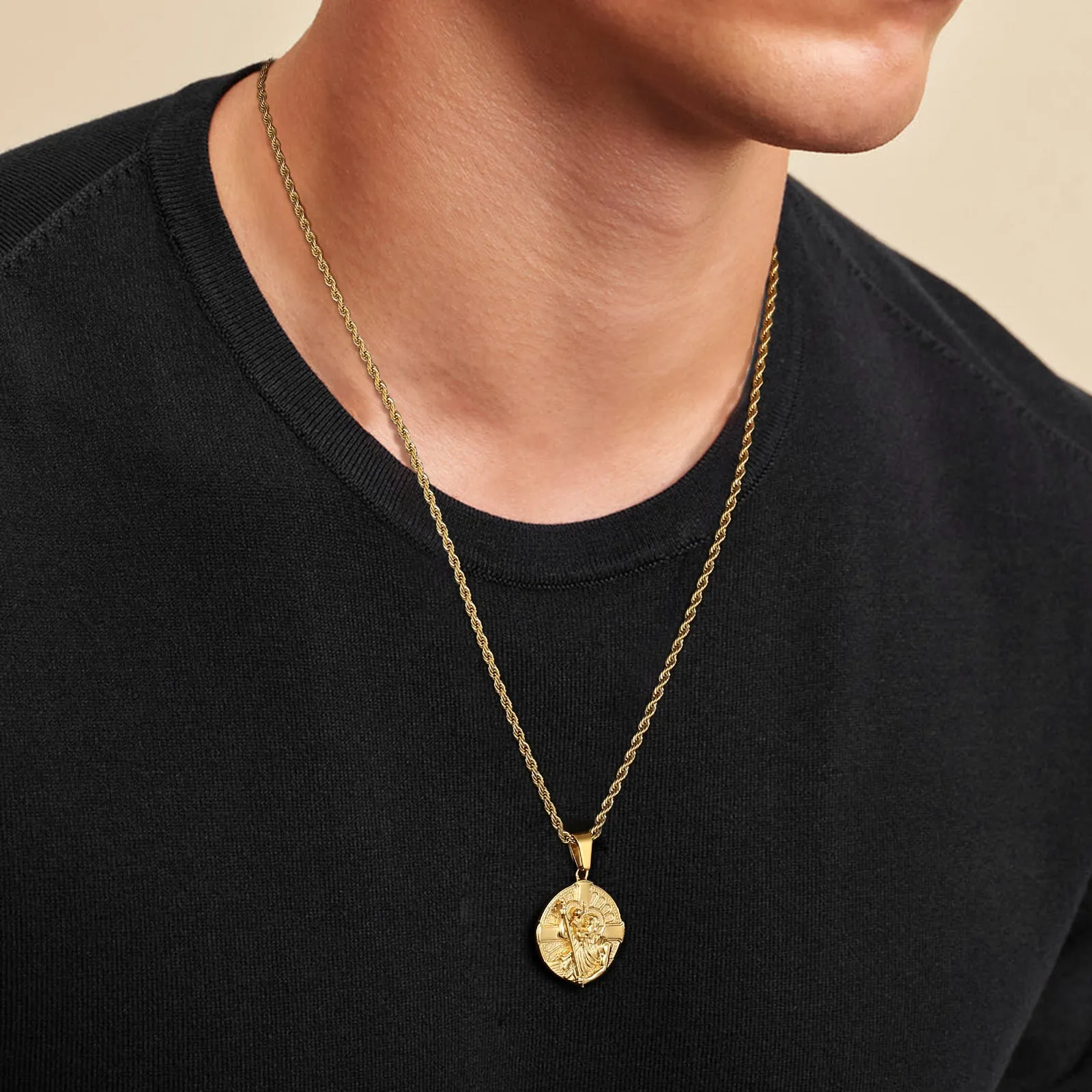 St Christopher Cross Gold Coin Pendant Necklace with Rope Chain for Men